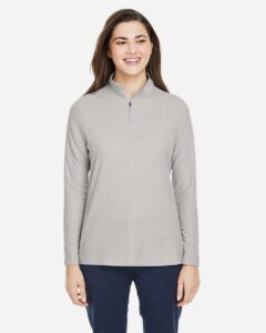 CORE365 CE405W Women’s Fusion ChromaSoft™ Pique Quarter-Zip Pullover – Platinum (on model)