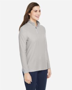 CORE365 CE405W Women’s Fusion ChromaSoft™ Pique Quarter-Zip Pullover – Platinum (on model side)
