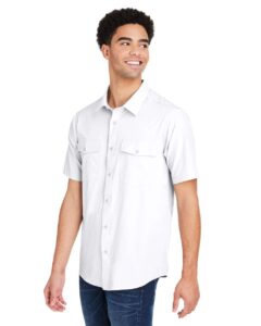 CORE365 CE510 Men’s Ultra UVP® Marina Shirt – White (on model side)