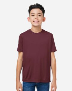 CORE365 CE10Y Youth Capital Performance T-Shirt – Burgundy (on model)