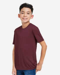 CORE365 CE10Y Youth Capital Performance T-Shirt – Burgundy (on model side)