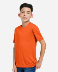 CORE365 CE10Y Youth Capital Performance T-Shirt – Campus Orange (on model side)