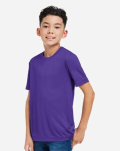 CORE365 CE10Y Youth Capital Performance T-Shirt – Campus Purple (on model side)