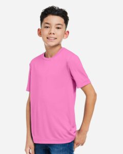 CORE365 CE10Y Youth Capital Performance T-Shirt – Charity Pink (on model side)