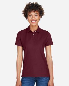 Devon & Jones DG150W Women’s DRYTEC20™ Performance Polo – Burgundy (on model)