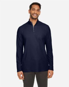 CORE365 CE405 Men’s Fusion ChromaSoft™ Pique Quarter-Zip Pullover – Classic Navy (on model)