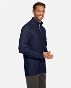 CORE365 CE405 Men’s Fusion ChromaSoft™ Pique Quarter-Zip Pullover – Classic Navy (on model side)