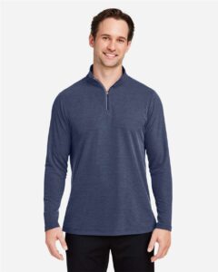 CORE365 CE405 Men’s Fusion ChromaSoft™ Pique Quarter-Zip Pullover – Classic Navy Heather (on model)