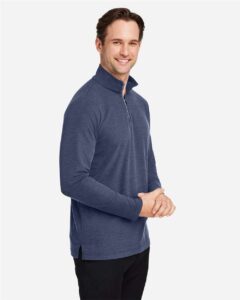 CORE365 CE405 Men’s Fusion ChromaSoft™ Pique Quarter-Zip Pullover – Classic Navy Heather (on model side)