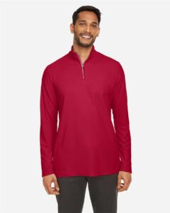 CORE365 CE405 Men’s Fusion ChromaSoft™ Pique Quarter-Zip Pullover – Classic Red (on model)