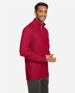 CORE365 CE405 Men’s Fusion ChromaSoft™ Pique Quarter-Zip Pullover – Classic Red (on model side)