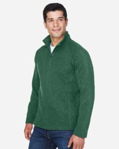 Devon & Jones DG792 Unisex Bristol Sweater Fleece Quarter-Zip Pullover – Forest Heather (on model side)