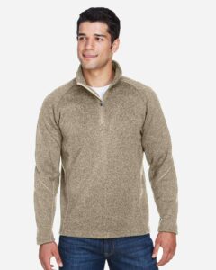 Devon & Jones DG792 Unisex Bristol Sweater Fleece Quarter-Zip Pullover – Khaki Heather (on model)