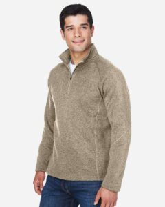 Devon & Jones DG792 Unisex Bristol Sweater Fleece Quarter-Zip Pullover – Khaki Heather (on model side)