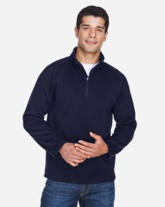 Devon & Jones DG792 Unisex Bristol Sweater Fleece Quarter-Zip Pullover – Navy (on model)