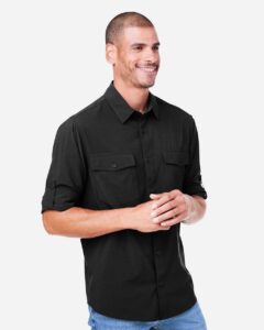 CORE365 CE510L Men’s Ultra UVP® Marina Shirt – Black (on model side)