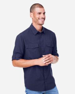 CORE365 CE510L Men’s Ultra UVP® Marina Shirt – Classic Navy (on model side)