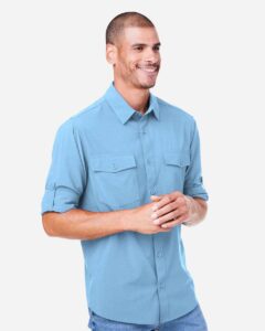 CORE365 CE510L Men’s Ultra UVP® Marina Shirt – Columbia Blue (on model side)