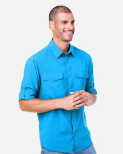 CORE365 CE510L Men’s Ultra UVP® Marina Shirt – Electric Blue (on model side)