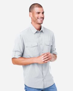 CORE365 CE510L Men’s Ultra UVP® Marina Shirt – Platinum (on model side)