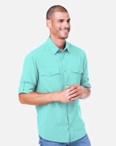 CORE365 CE510L Men’s Ultra UVP® Marina Shirt – Sea Glass (on model side)