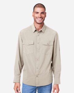 CORE365 CE510L Men’s Ultra UVP® Marina Shirt – Stone (on model)