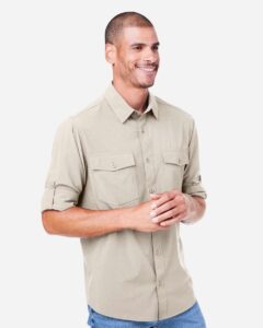 CORE365 CE510L Men’s Ultra UVP® Marina Shirt – Stone (on model side)