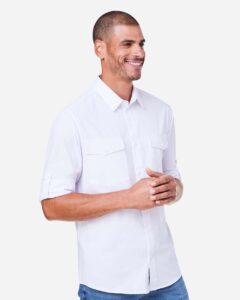 CORE365 CE510L Men’s Ultra UVP® Marina Shirt – White (on model side)