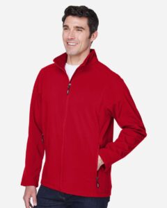 CORE365 88184 Men’s Cruise Two-Layer Fleece Bonded Soft Shell Jacket – Classic Red (on model side)