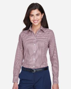 Devon & Jones D640W Women’s Crown Collection® Gingham Check Woven Dress Shirt – Burgundy (on model)