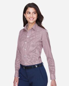 Devon & Jones D640W Women’s Crown Collection® Gingham Check Woven Dress Shirt – Burgundy (on model side)