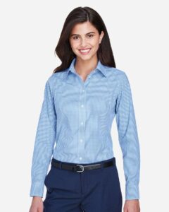 Devon & Jones D640W Women’s Crown Collection® Gingham Check Woven Dress Shirt – French Blue (on model)