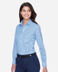 Devon & Jones D640W Women’s Crown Collection® Gingham Check Woven Dress Shirt – French Blue (on model side)