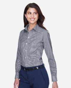 Devon & Jones D640W Women’s Crown Collection® Gingham Check Woven Dress Shirt – Navy (on model side)
