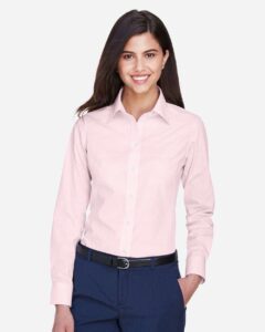 Devon & Jones D640W Women’s Crown Collection® Gingham Check Woven Dress Shirt – Pink (on model)