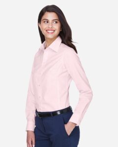 Devon & Jones D640W Women’s Crown Collection® Gingham Check Woven Dress Shirt – Pink (on model side)