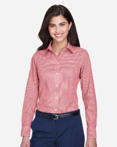 Devon & Jones D640W Women’s Crown Collection® Gingham Check Woven Dress Shirt – Red (on model)