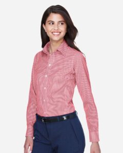 Devon & Jones D640W Women’s Crown Collection® Gingham Check Woven Dress Shirt – Red (on model side)