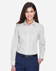 Devon & Jones D640W Women’s Crown Collection® Gingham Check Woven Dress Shirt – Silver (on model)