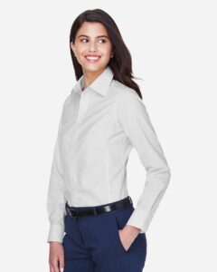 Devon & Jones D640W Women’s Crown Collection® Gingham Check Woven Dress Shirt – Silver (on model side)
