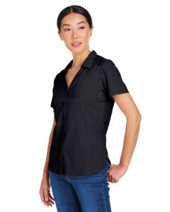 CORE365 CE510W Women’s Ultra UVP® Marina Shirt – Black (on model side)