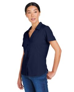CORE365 CE510W Women’s Ultra UVP® Marina Shirt – Classic Navy (on model side)