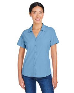 CORE365 CE510W Women’s Ultra UVP® Marina Shirt – Columbia Blue (on model)