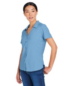 CORE365 CE510W Women’s Ultra UVP® Marina Shirt – Columbia Blue (on model side)
