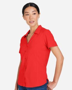 CORE365 CE510W Women’s Ultra UVP® Marina Shirt – Marina Red (on model side)