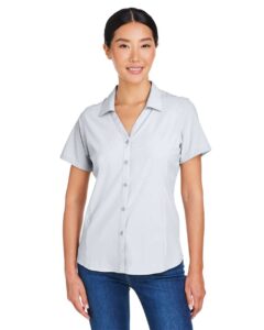 CORE365 CE510W Women’s Ultra UVP® Marina Shirt – Platinum (on model)