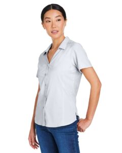 CORE365 CE510W Women’s Ultra UVP® Marina Shirt – Platinum (on model side)