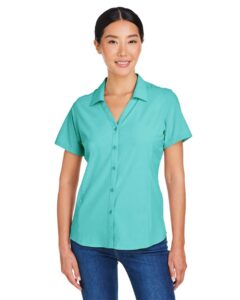CORE365 CE510W Women’s Ultra UVP® Marina Shirt – Sea Glass (on model)