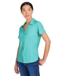 CORE365 CE510W Women’s Ultra UVP® Marina Shirt – Sea Glass (on model side)