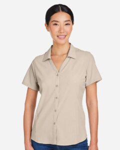 CORE365 CE510W Women’s Ultra UVP® Marina Shirt – Stone (on model)